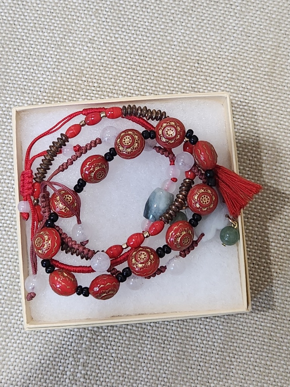 Lot of 4 Bracelets Asian Symbols / Designs, Jade, Glass Beads, Carved Acrylic
